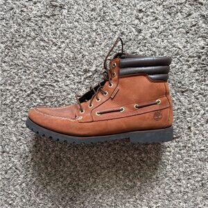 Timberland Men’s Chestnut Brown Leather Moc Toe Boots with Dark Brown Collar